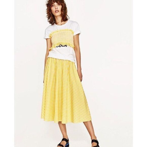 Zara Women’s Blogger Favorite Yellow White Gingham Bandeau High Waisted Full Mid - Picture 1 of 16